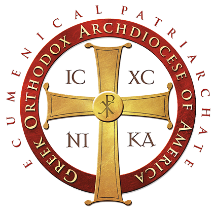 Greek Orthodox Archdiocese of America Logo - Gold cross over round dark red seal with red and gold serif type